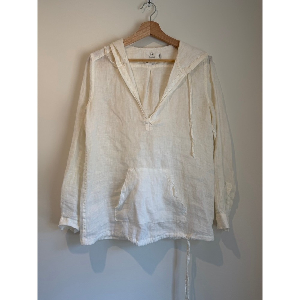 American Colors by Alex Lehr Long Sleeve White Linen Blouse with Hoodie, Size S